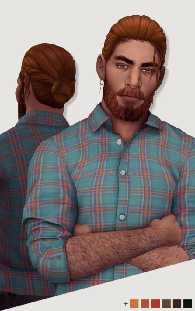 Un sim avec un chignon rouge et une barbe croisant les bras et fixant l'appareil photo.