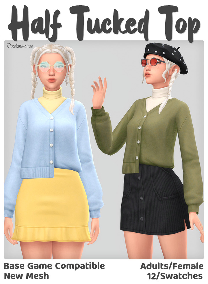 Pour les Sims qui portent toutes deux des jupes avec le même haut personnalisé CC Sims 4. Ce haut a un col roulé sous un cardigan boutonné, mais seulement rentré d'un côté pour un style personnalisé amusant.