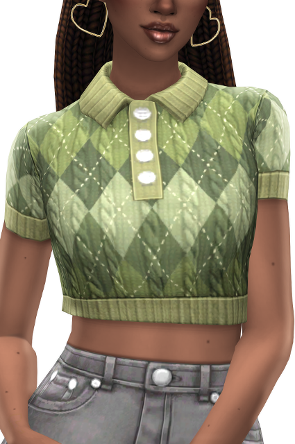 Un Sim portant un jean gris, un haut coupe-crop style pull à motif argyle avec des boutons sur le devant. Ils ont des boucles d'oreilles en forme de cœur et tout cela est du contenu personnalisé pour Les Sims 4 #TheSims4