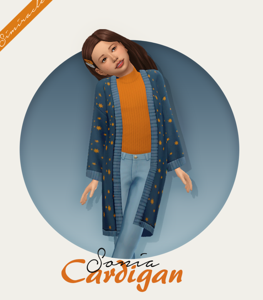 Un sim se tient la tête inclinée d'un côté, il porte un jean bleu, un t-shirt orange et une option de cardigan long bleu sims 4 cc avec des étoiles oranges dessus.