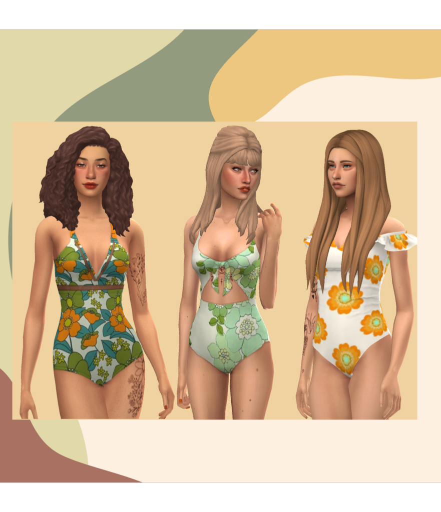 Trois Sims portant des maillots de bain à motifs rétro