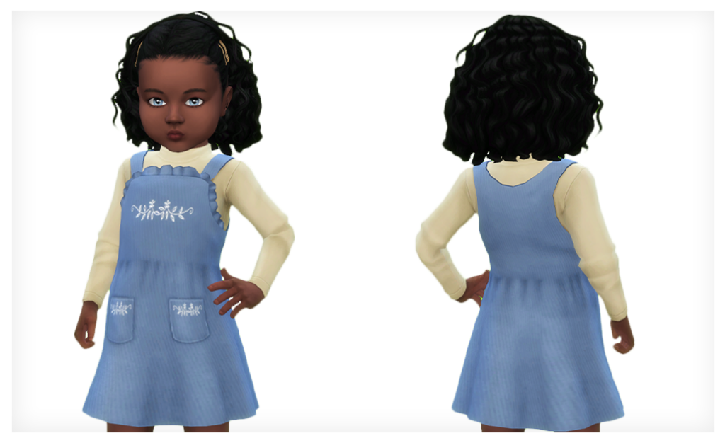 Un sim tout-petit aux cheveux bouclés, une main sur la hanche, portant une option de tenue sims 4 cc