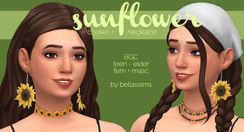 Le même sim deux fois avec des coiffures différentes, une avec des cheveux longs et une avec les cheveux en tresses. Les deux personnages Sims 4 portent des bijoux couverts de tournesols, y compris des boucles d'oreilles tournesol et un collier tournesol.