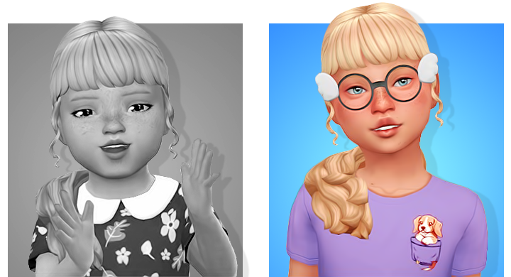 Un sim tout-petit et un sim enfant avec des franges et des mèches bouclées encadrant le visage