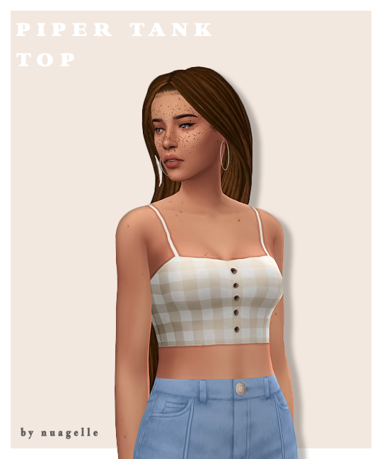 Un Sim regardant vers la gauche portant un crop top à carreaux avec des boutons au milieu.