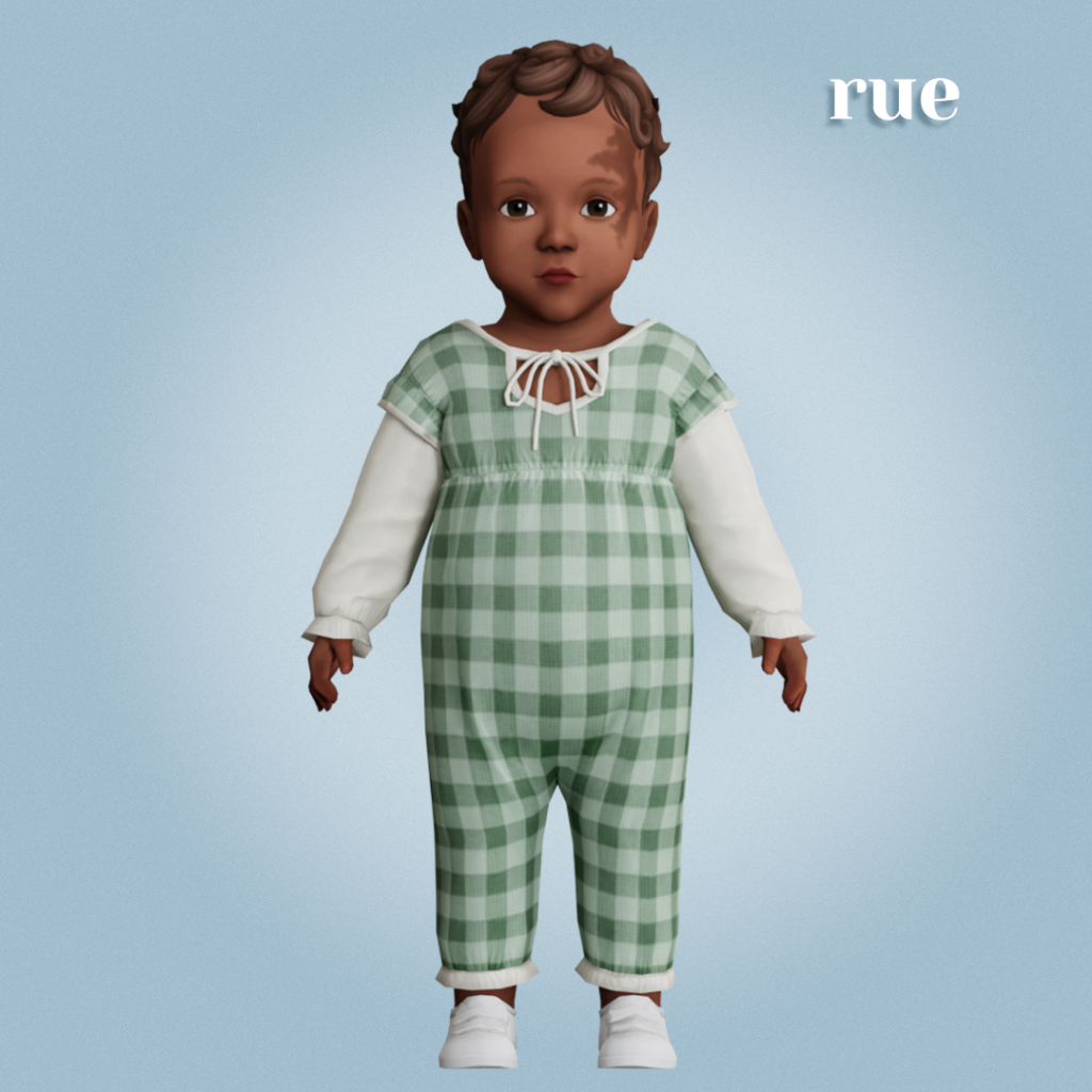 Un bébé de Les Sims 4 portant un tee-shirt blanc à manches longues avec une barboteuse par-dessus.