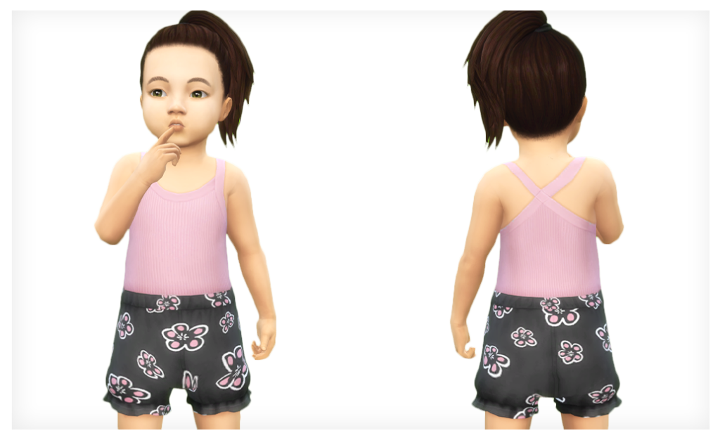 Un sim pointant vers sa bouche tout en portant un débardeur croisé et un short à motif floral, une option parfaite pour une tenue personnalisée dans les Sims 4