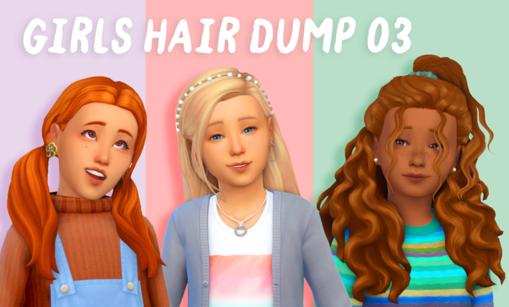 Trois sims dans Les Sims 4 avec des expressions adorables sur leur visage et différentes coiffures qui sont des coiffures personnalisées