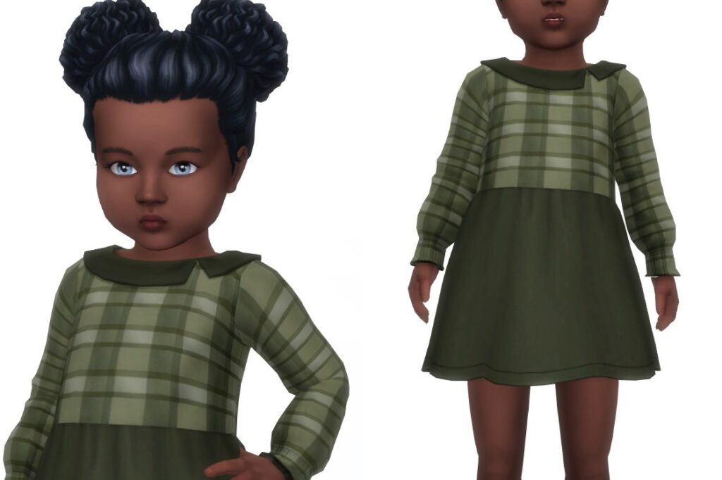Un Sim avec les cheveux relevés en deux grosses boucles d'espace, portant une robe verte avec un col Peter Pan, un motif à carreaux sur le haut et une jupe verte unie.