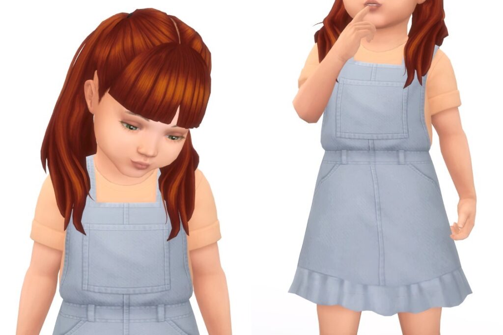 Un Sim aux cheveux roux portant un tee-shirt orange, sur lequel il porte une robe salopette.