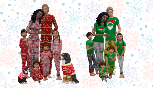 Deux images côte à côte d'une famille de Sims portant des pyjamas assortis, jusqu'aux animaux de compagnie.