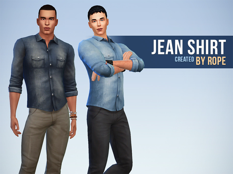 Deux Sims debout, l'un les bras croisés, l'autre les bras le long du corps, tous deux portant des chemises en jean boutonnées.