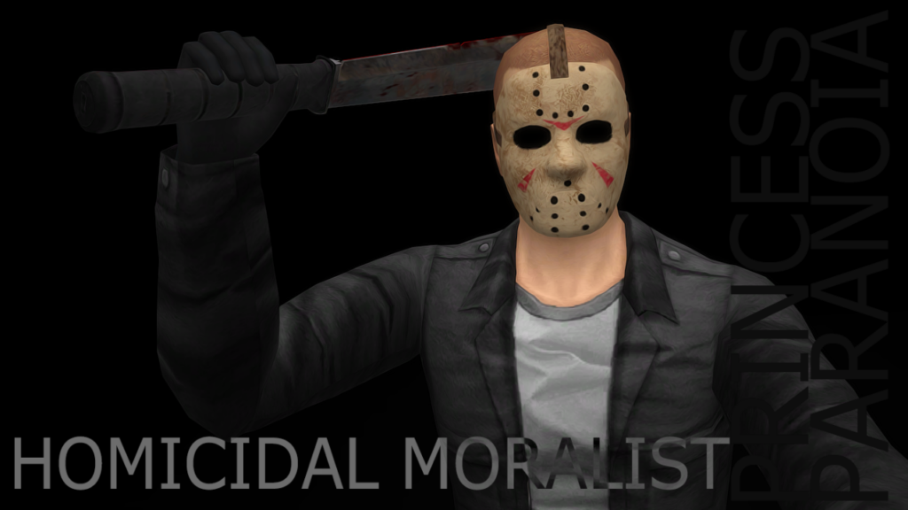 Un Sim portant un masque de Jason pour Halloween.