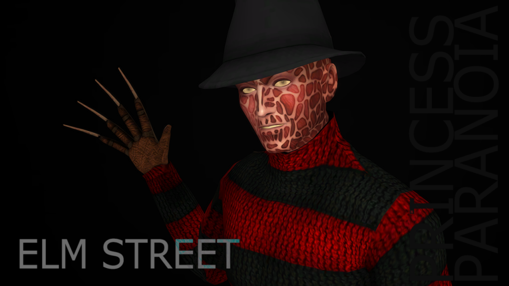 Un Sim sur un fond noir, avec un costume de Freddy comprenant le chapeau et le pull.