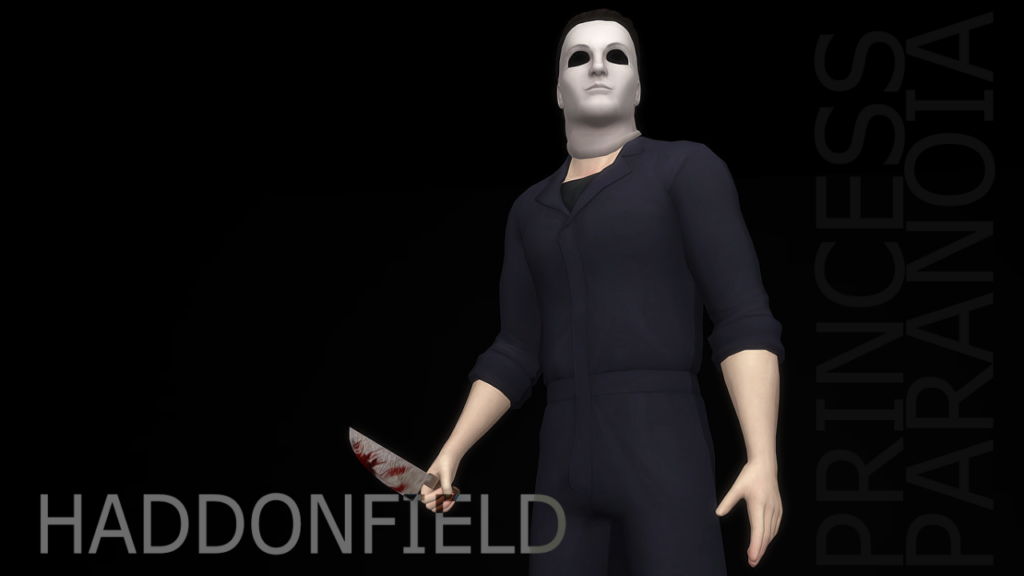 Un Sim portant un masque de Michael pour son costume d'Halloween et tenant un couteau ensanglanté.