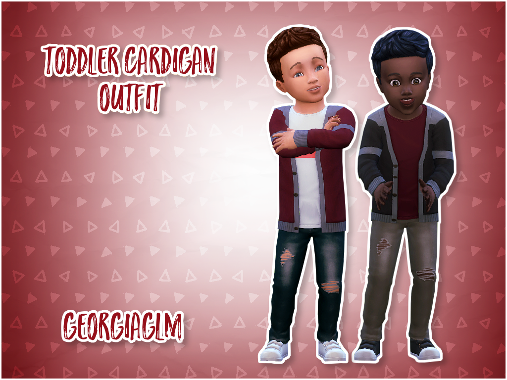 Deux tout-petits garçons des Sims 4 portant des tenues assorties de jeans et de cardigan sur un fond rouge couvert de triangles. cc 
