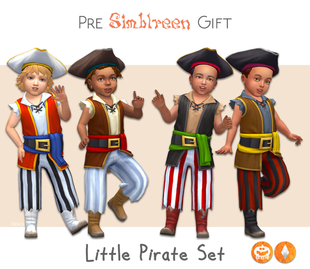 Quatre bambins garçons dans Les Sims 4 qui sont habillés en pirates