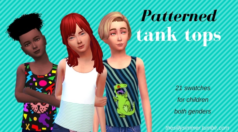 Trois sims portant différents hauts à bretelles imprimés, dont un avec Reptar dessus