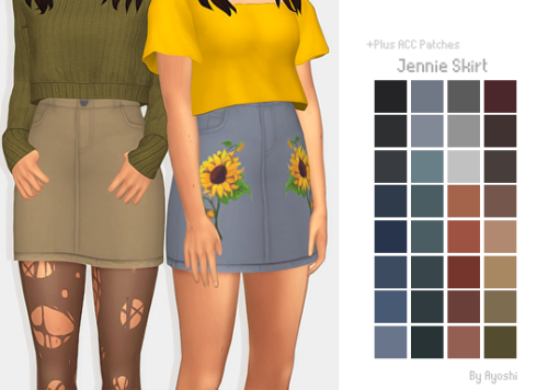 Deux Sims dont les épaules sont coupées. Ils portent des chemises différentes, l'une avec un pull vert et l'autre avec un t-shirt jaune. Ils portent différents motifs de la même jupe.
