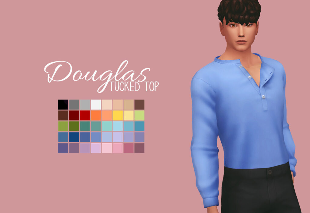 Un Sim masculin aux cheveux bouclés bruns portant une chemise bleue cc rentrée dans le bas avec des boutons descendant jusqu'à la moitié de la poitrine.