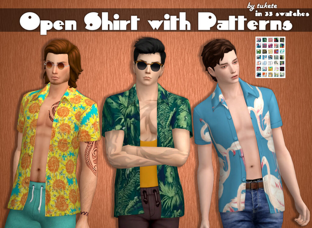Trois Sims portant des chemises ouvertes à motifs. Les motifs sont des flamants roses, des fleurs et des feuilles.