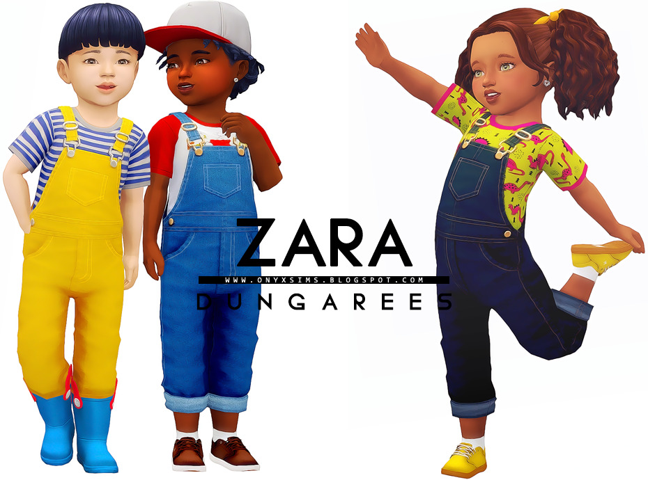 Trois tout-petits dans différentes poses adorables portant des t-shirts vifs et des salopettes longues.