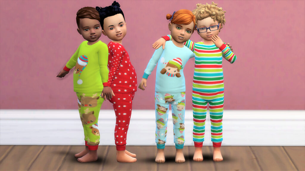 Deux ensembles de deux tout-petits posant ensemble dans des pyjamas de Noël pour les Sims 4 CC.