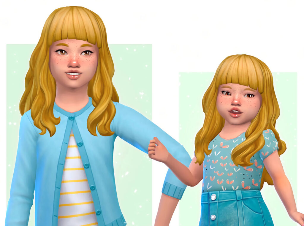 Un enfant et un bambin dans Les Sims 4 avec une frange et des cheveux bouclés
