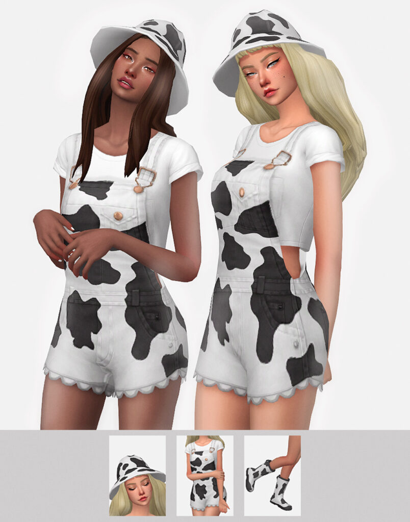 Deux sims se tenant côte à côte avec des salopettes assorties avec un imprimé vache.
