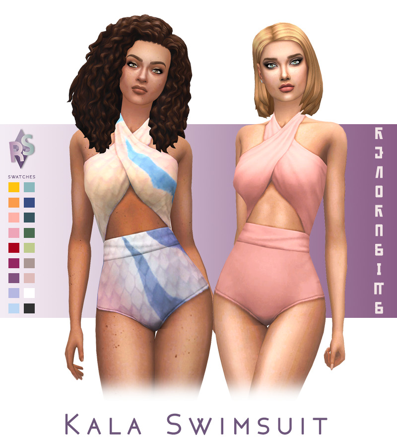 Deux personnages des Sims 4 portant des maillots de bain une pièce avec un haut collier et des fronces.