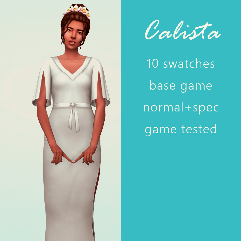 Un personnage de Les Sims 4 avec les cheveux relevés en chignon avec des fleurs. Ils portent une simple robe de mariage.
