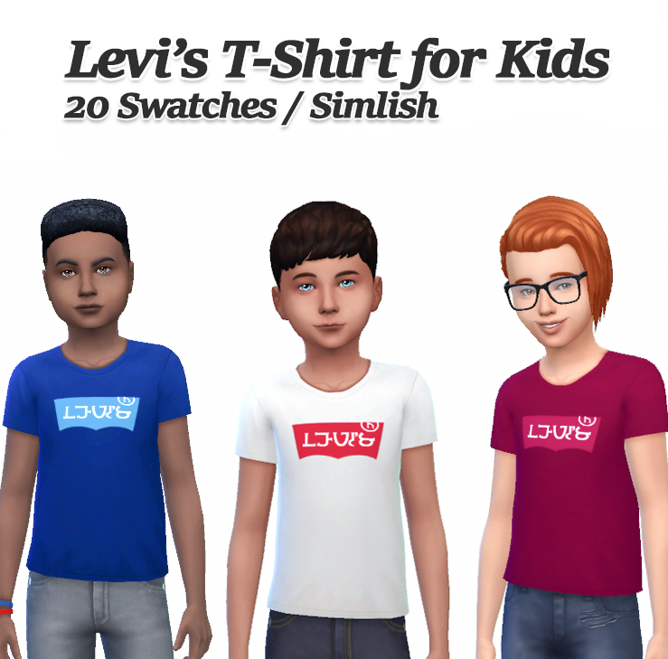 Une option de t-shirts pour enfants inspirés par Levi's dans les Sims 4, mais avec le mot "Levi's" écrit en Simlish
