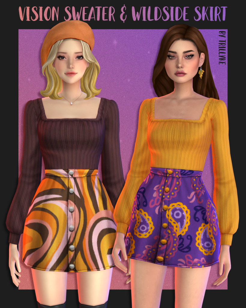 Deux sims, une blonde et une brune, debout côte à côte avec les bras le long du corps. Elles portent toutes deux des pulls à manches longues avec des cols carrés avec des jupes à motifs et boutonnées de sims 4 cc.
