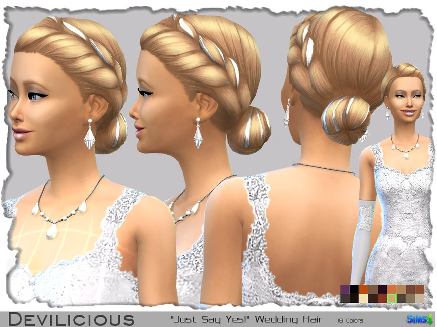 La même sim quatre fois, cette sim porte une robe de mariée en dentelle. Ses cheveux sont attachés en chignon bas avec une torsion depuis la raie latérale et il y a un ruban blanc dans la torsion.