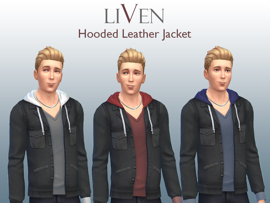 Un Sim blond des Sims 4 (répété trois fois) portant un haut en V sous une veste noire avec une capuche dans le dos.