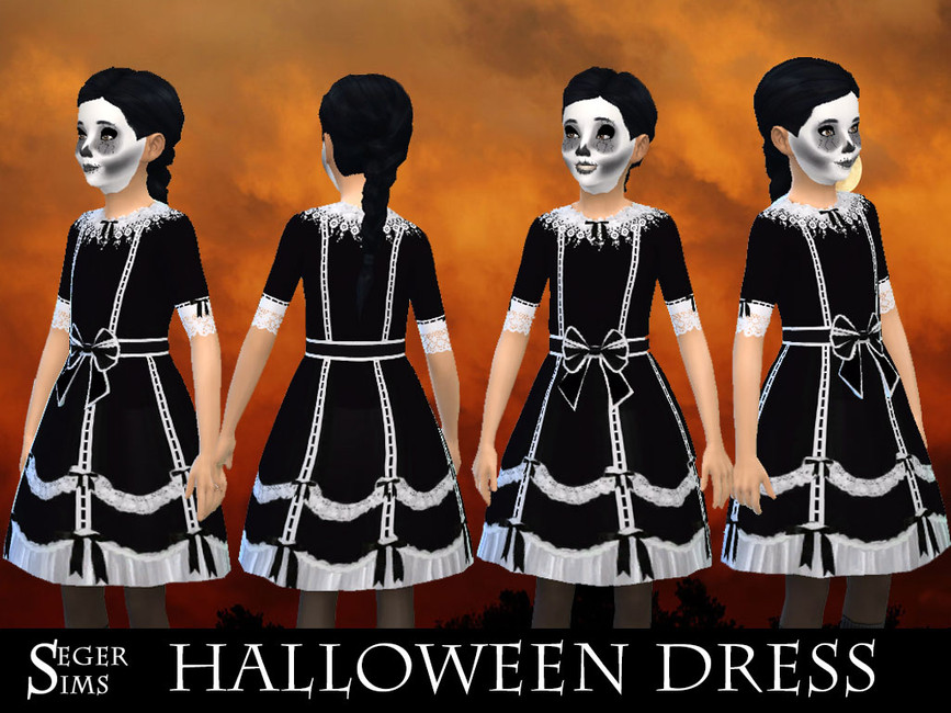 Un sim avec un maquillage de squelette portant une robe d'Halloween noire et blanche effrayante pour les Sims 4