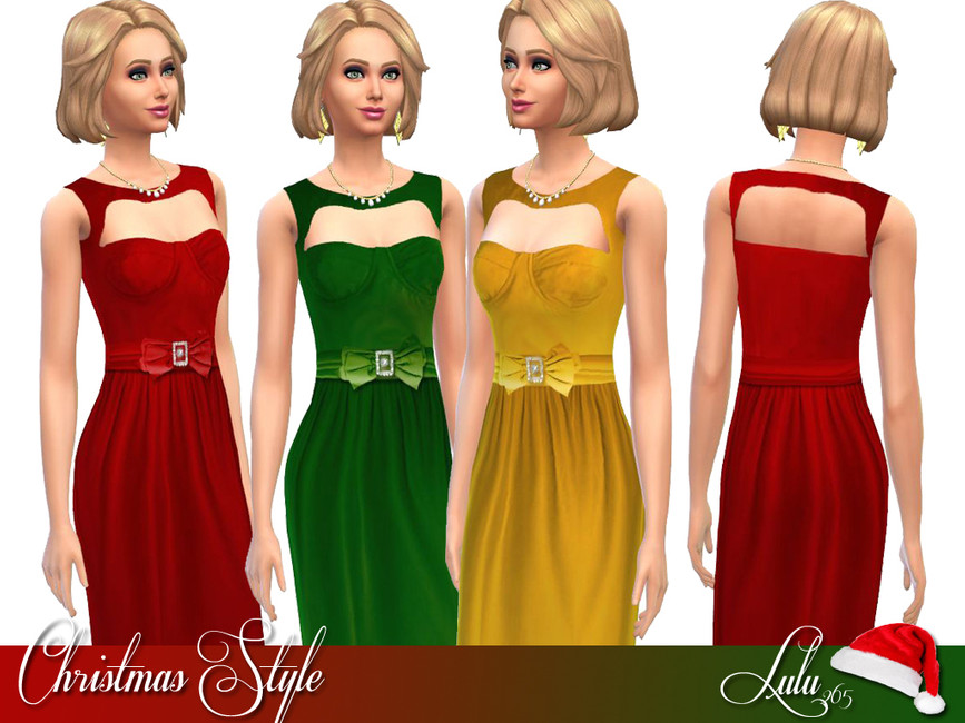 Quatre fois la même sim dans Les Sims 4 présentant une robe de Noël avec une ceinture décorée d'un nœud