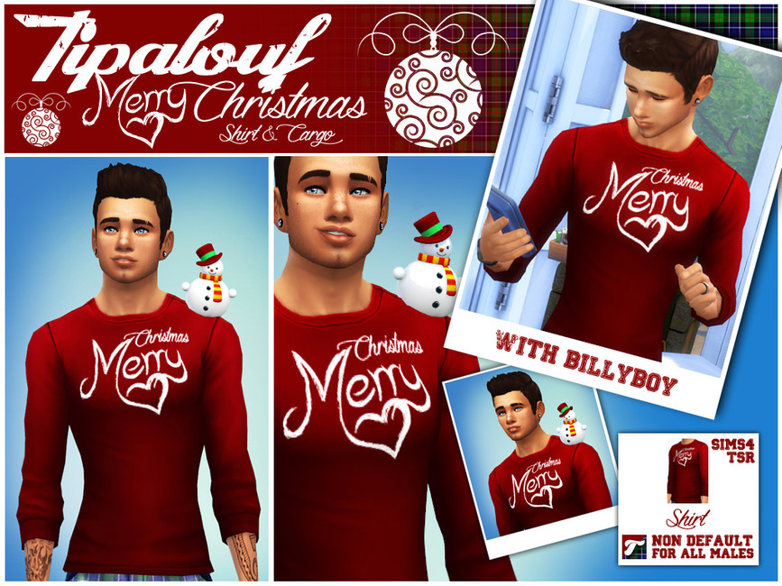 Un sim avec un bonhomme de neige sur l'épaule portant un pull sims 4 cc