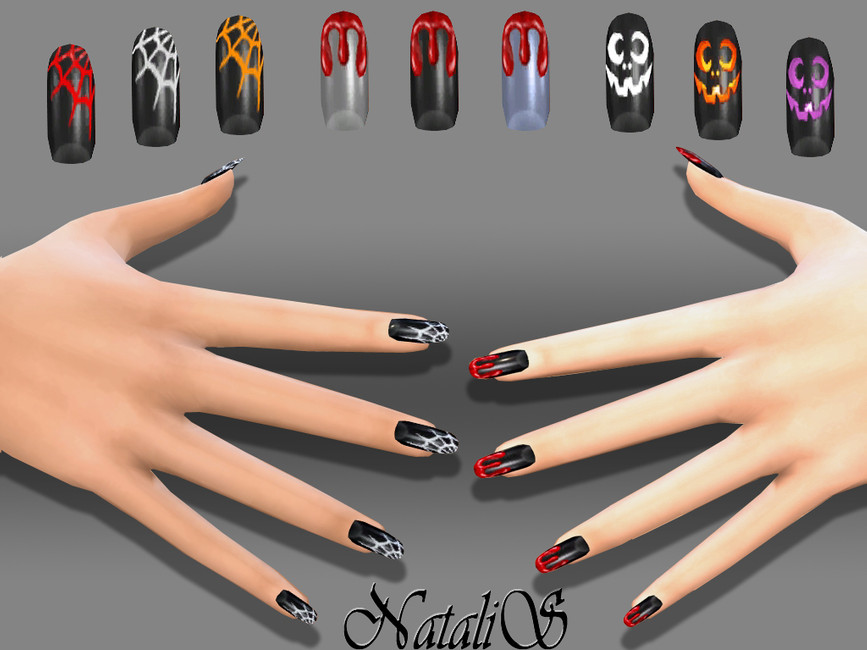 Deux mains venant de chaque côté avec des ongles décoratifs d'Halloween pour les Sims 4 CC