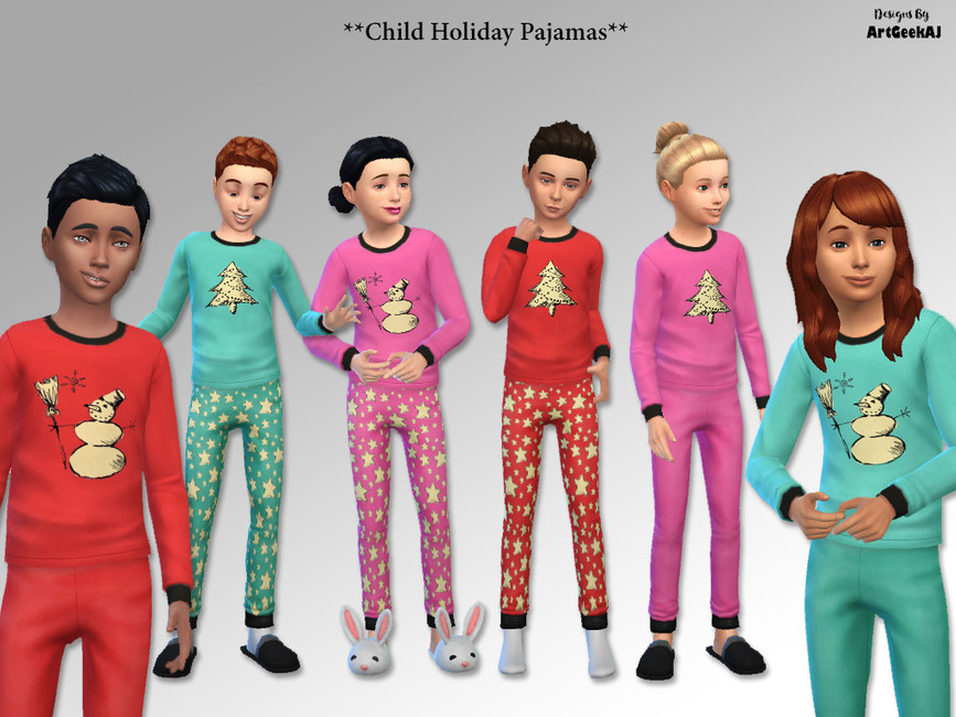 Un ensemble d'enfants portant des pyjamas de Noël assortis du jeu Les Sims 4. Ces pyjamas ont des bonhommes de neige ou des arbres de Noël dessus.