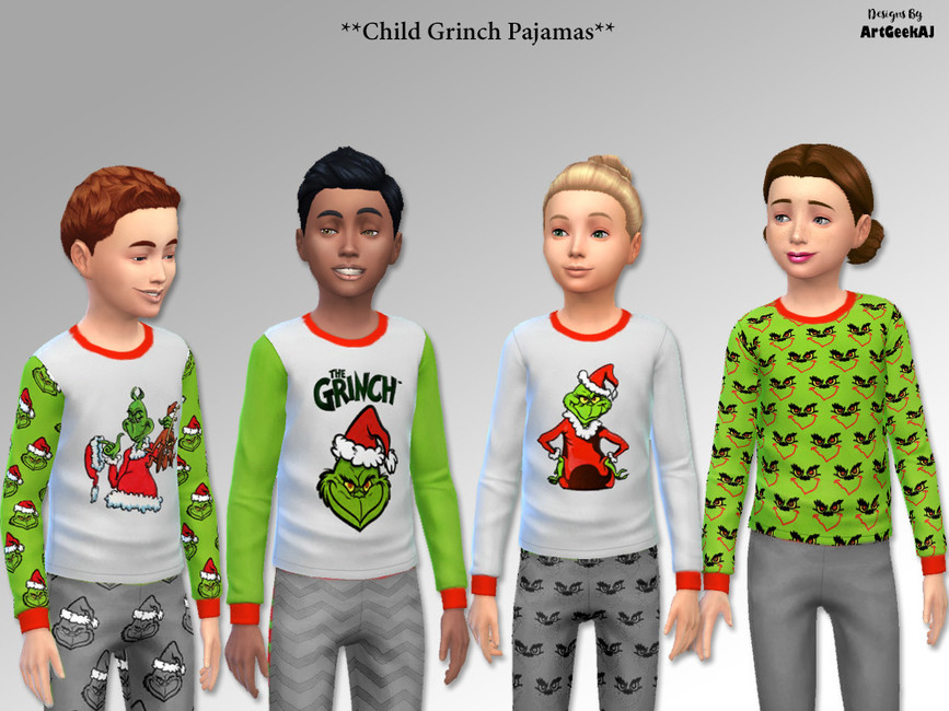 Quatre enfants portant des chemises de pyjama ornées de designs du Grinch.