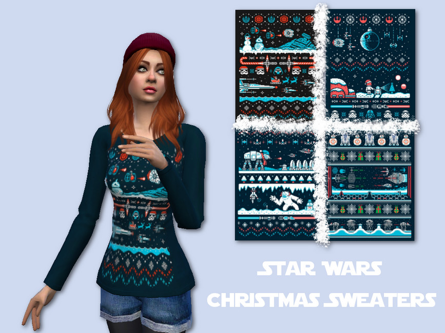 Un Sims avec des cheveux roux portant un bonnet et un pull de Noël Star Wars