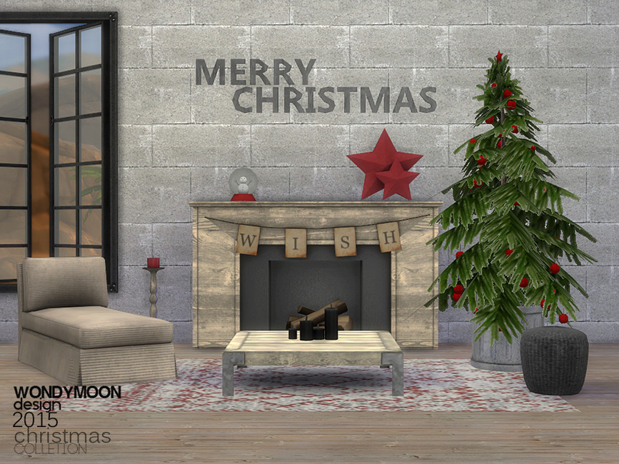 Un espace de vie dans Les Sims 4 avec des meubles de Noël CC. Il y a JOYEUX NOËL au-dessus de la cheminée, et le mot SOUHAIT sur une guirlande traversant la cheminée. 