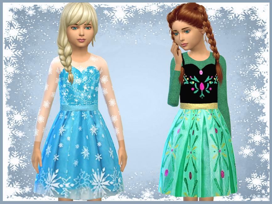 Deux enfants de sexe féminin dans Les Sims 4 portant des costumes d'Elsa et Anna de Frozen