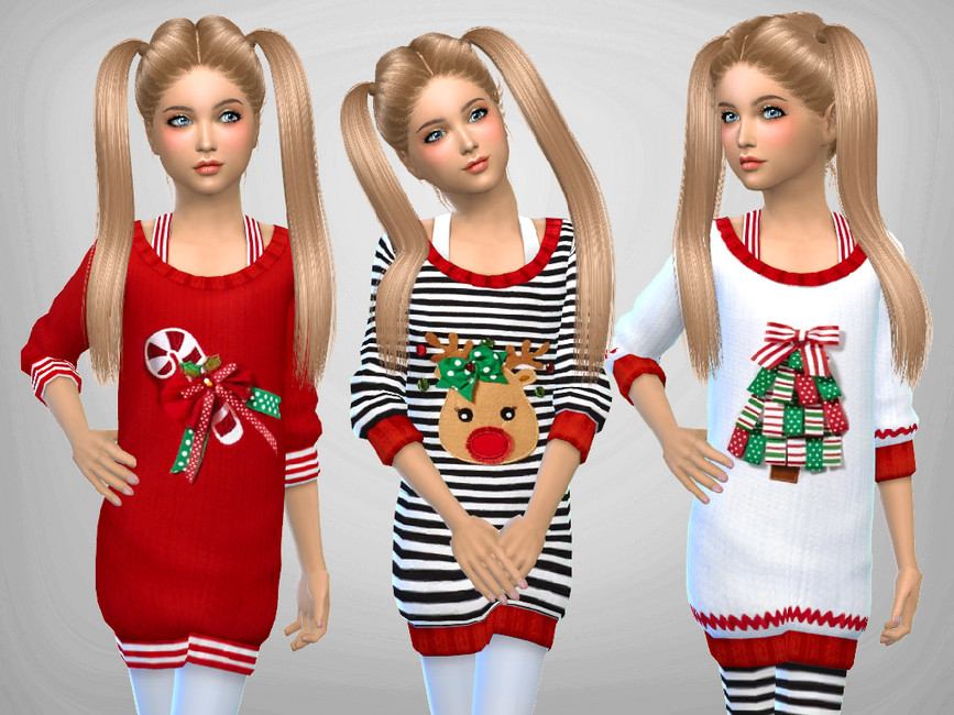 La même sim blonde avec des couettes, trois fois différentes. Dans chaque version, la sim porte une robe de Noël cc sims 4 qui est un pull avec des collants en dessous.