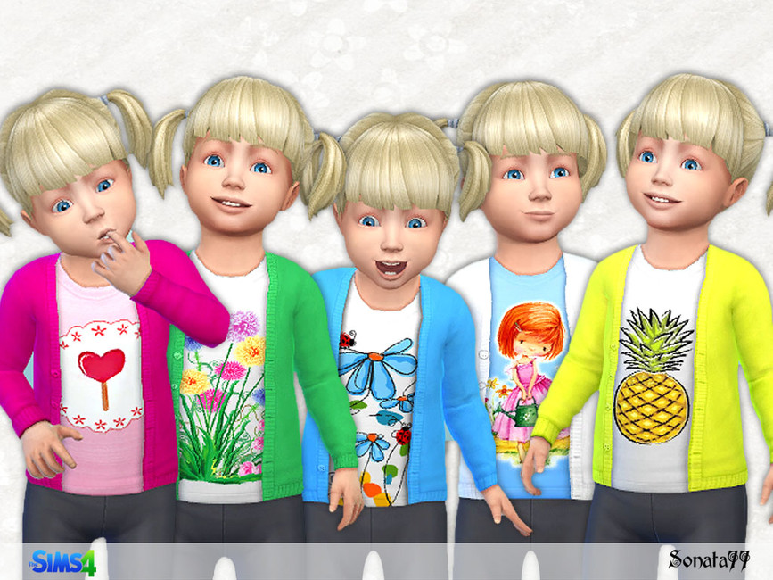 La même sim blonde 5 fois dans différentes positions portant différentes variantes du même cardigan.