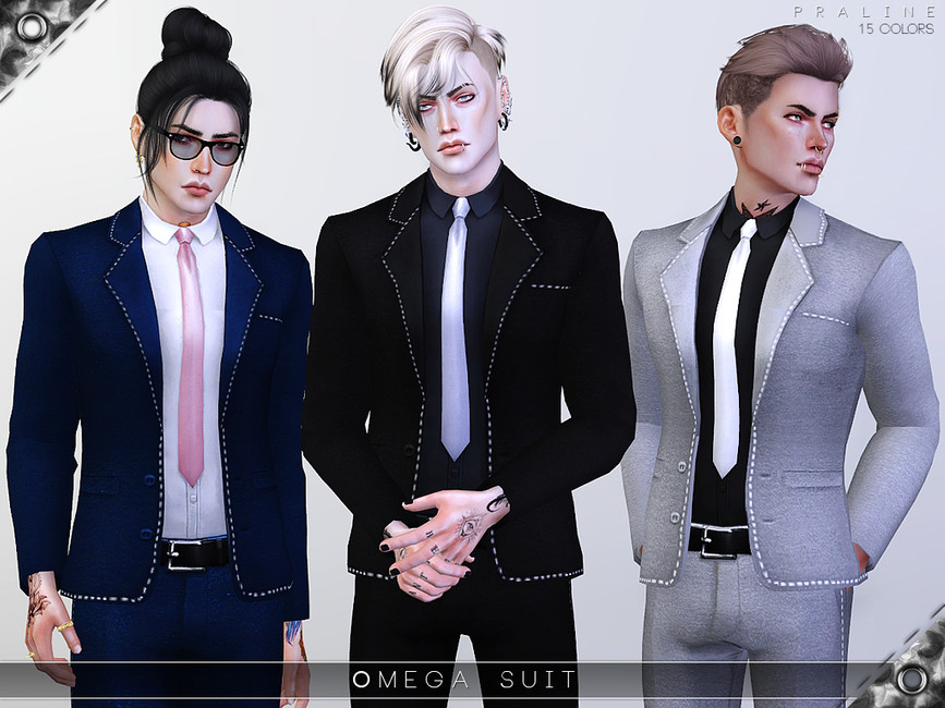 Trois sims au look audacieux portant tous des costumes pour un mariage avec des détails de bordure blanche.