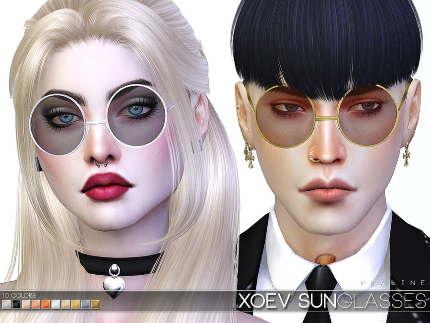 Une simsette aux cheveux blonds platine et un sim aux cheveux noirs. Ces sims portent tous deux des lunettes de soleil rondes à monture en métal.
