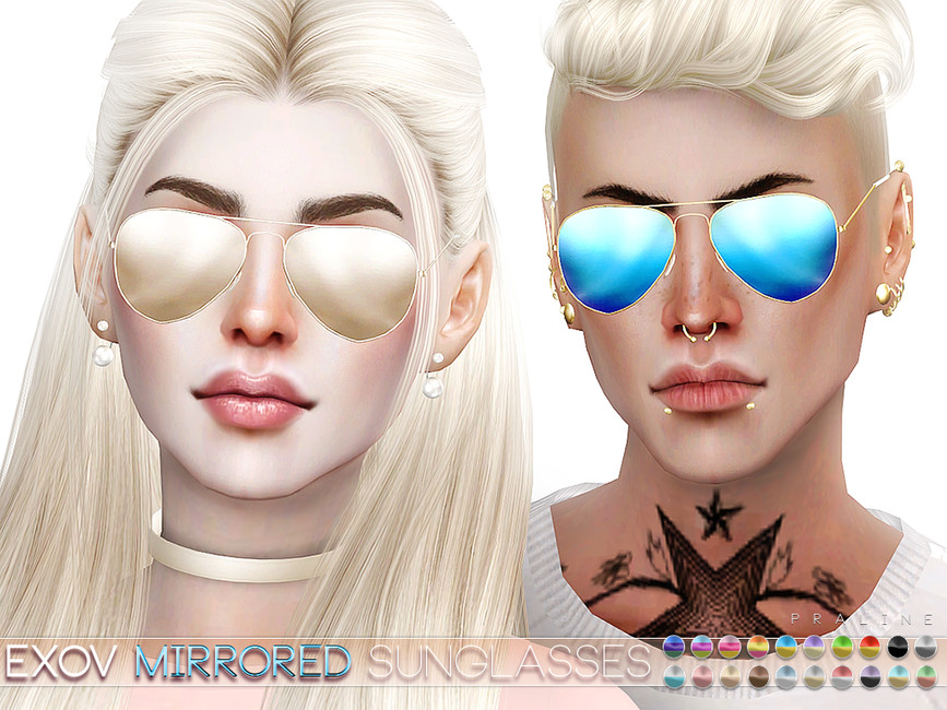 Deux Sims aux cheveux blonds platine avec des sourcils bruns. Ils portent tous deux une paire de lunettes de soleil aviateur avec des verres miroir.
