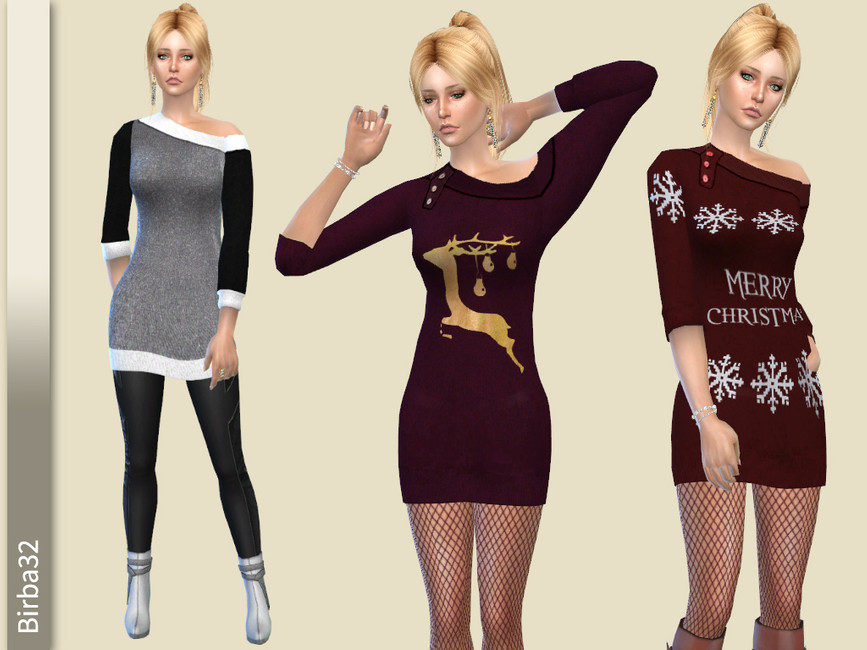 Une sim portant une robe pull épaule dénudée. Ces robes ont des motifs tels que Joyeux Noël et des rennes.